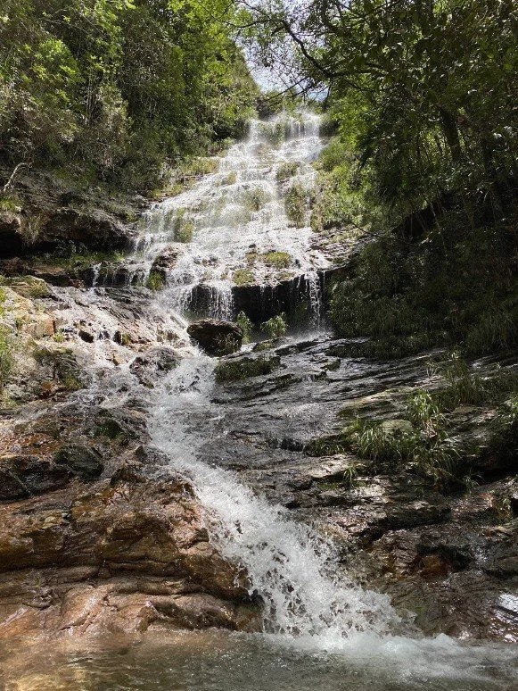Cachoeira Gruta do Lobo Guará, queda d’água larga descendo pelas pedras entre a mata